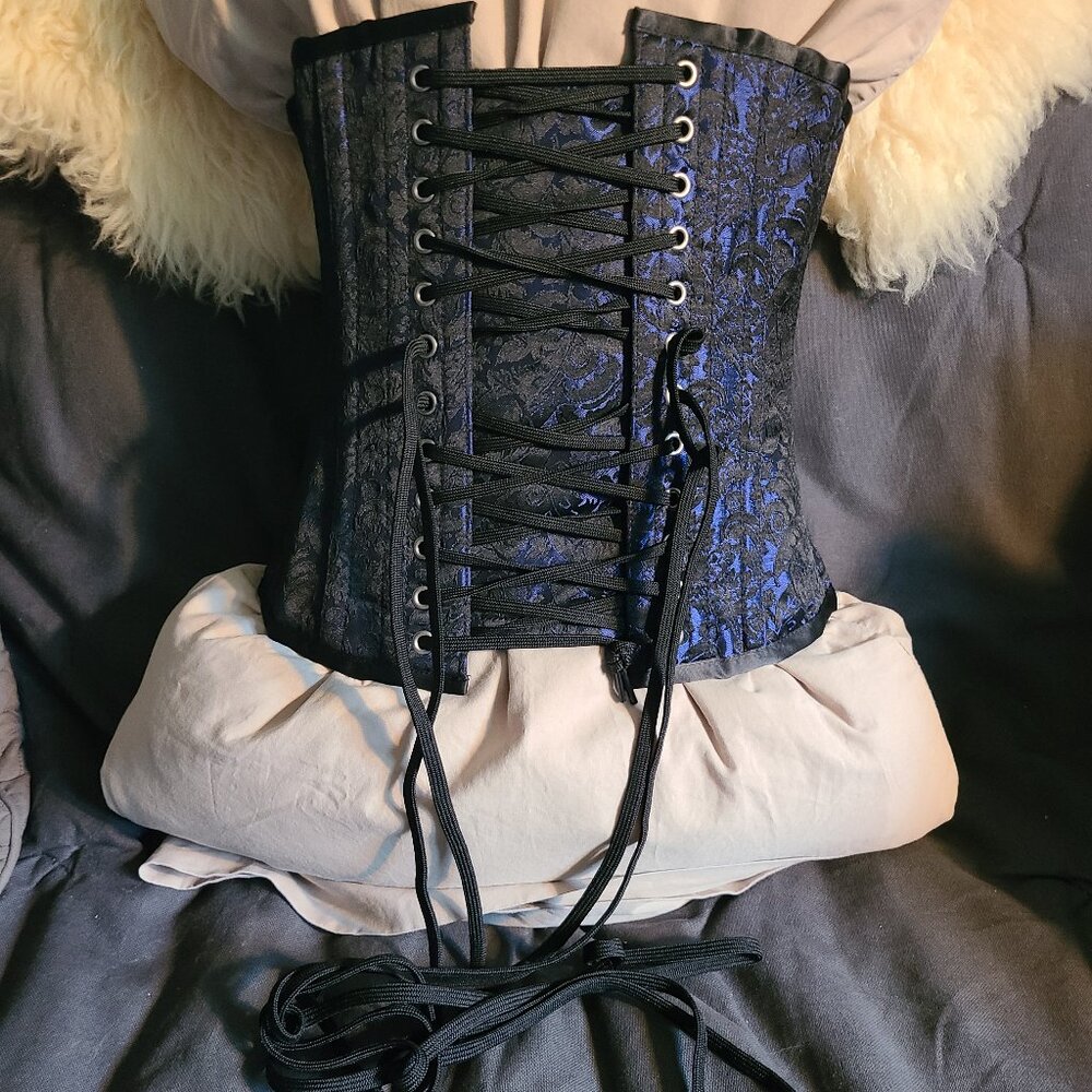 Orchard Corset Underbust Blue & Black brocade buckle corset - Picture 2 of 5